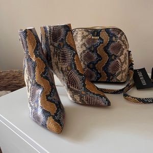 Steve Madden Snake-Print Pointed Toe Ankle Boots in Tan, Black & Cream